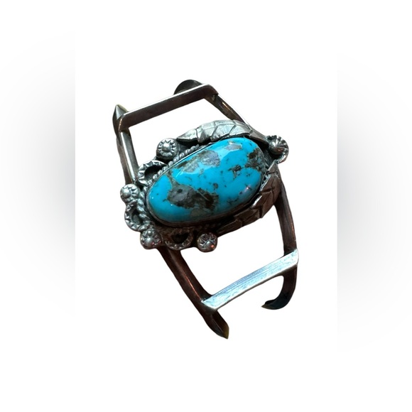 VINTAGE NATIVE AMERICAN NAVAJO BLUE GEM TURQUOISE STERLING SILVER BRACELET - Picture 2 of 4